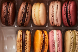 Colorful macarons in a box.