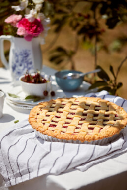 Homemade cherry pie in the garden